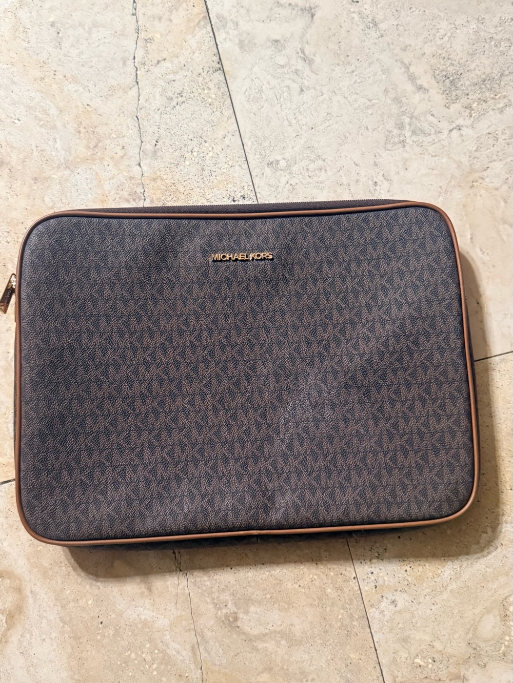 Michael Kors Brown Monogram Laptop Case with Gold Logo